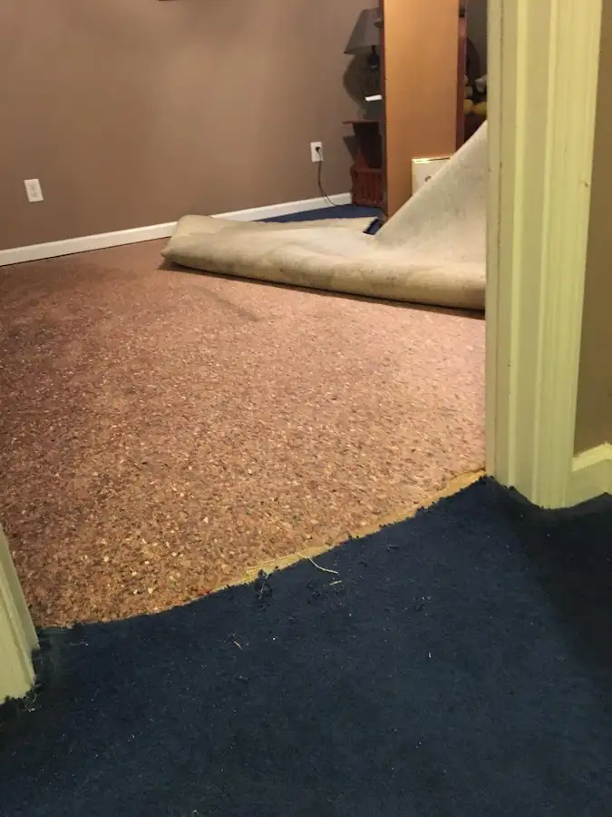 Carpet pad removal revealing water damage during Water Mitigation Services in Haltom City